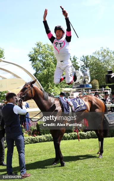 Frankie Dettori celebrates riding Portuna Fortuna to victory in The Albany Stakes during day four of Royal Ascot 2023 at Ascot Racecourse on June 23,...