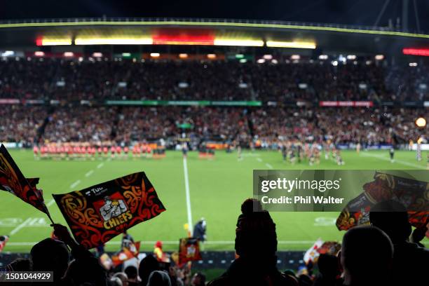 Fans watch on ahead of the Super Rugby Pacific Final match between Chiefs and Crusaders at FMG Stadium Waikato, on June 24 in Hamilton, New Zealand.