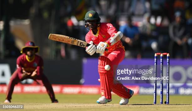 Joylord Gumbie of Zimbabwe plays a shot during the ICC Men's Cricket World Cup Qualifier Zimbabwe 2023 match between Zimbabwe and West Indies at...