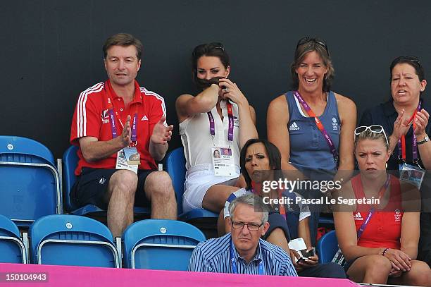 Catherine, Duchess of Cambridge reacts during the Women's Hockey bronze medal match between New Zealand and Great Britain on Day 14 of the London...