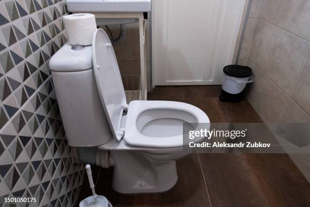 new ceramic toilet bowl in a modern bathroom. white clean, soft toilet paper hanging on the toilet paper holder. next to the sink for washing hands and washing the face. the concept of personal hygiene. - clean closet stockfoto's en -beelden