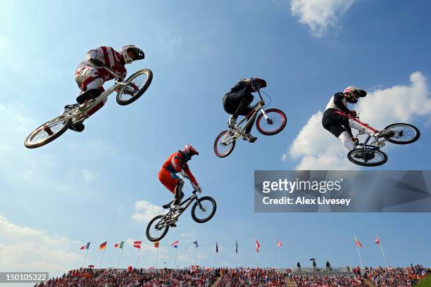 The field races in the Men's BMX Cycling Semi Finals on Day 14 of the London 2012 Olympic Games at the BMX Track on August 10, 2012 in London,...