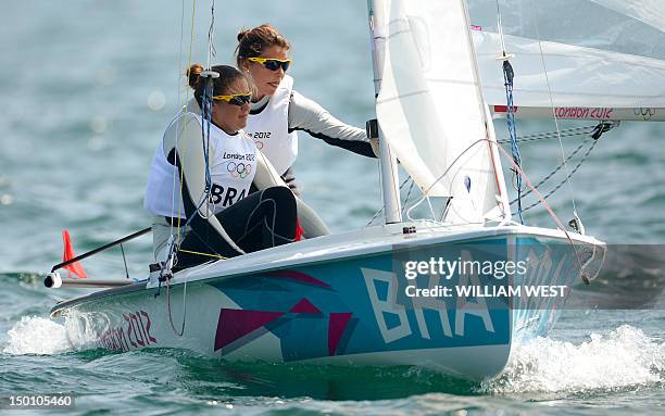 Brazil's Ana Barbachan and Fernanda Oliveira sail to sixth overall in the women's sailing 470 two person dinghy medal race at the London 2012 Olympic...