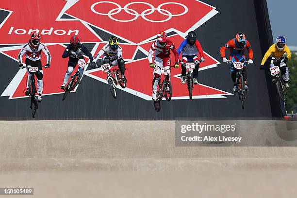 The field race down the starting ramp in the Men's BMX Cycling Final on Day 14 of the London 2012 Olympic Games at the BMX Track on August 10, 2012...