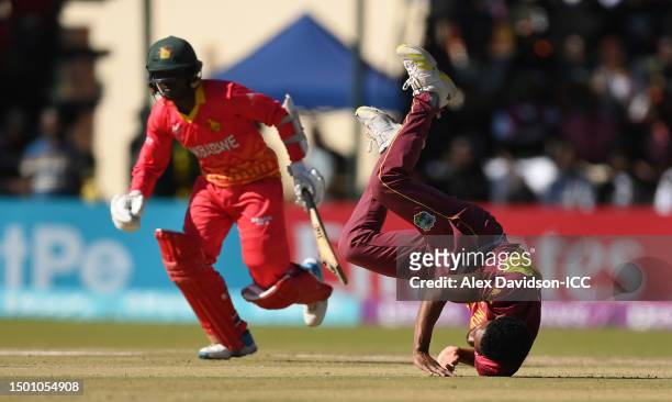 Keemo Paul of West Indies fields the ball during the ICC Men's Cricket World Cup Qualifier Zimbabwe 2023 match between Zimbabwe and West Indies at...