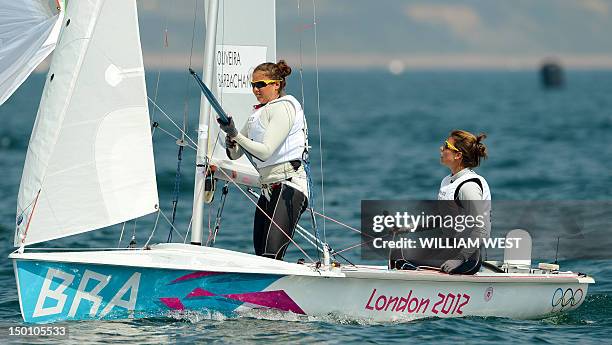 Brazil's Ana Barbachan and Fernanda Oliveira sail to sixth overall in the women's sailing 470 two person dinghy medal race at the London 2012 Olympic...
