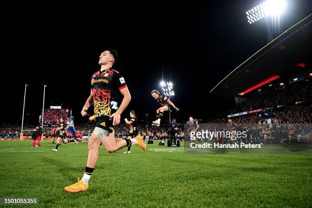 The Chiefs take to the field during the Super Rugby Pacific Final match between Chiefs and Crusaders at FMG Stadium Waikato, on June 24 in Hamilton,...