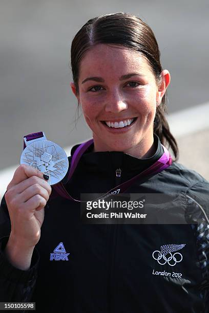 Silver medallist Sarah Walker of New Zealand celebrates during the medal ceremony for the Women's BMX Cycling Final on Day 14 of the London 2012...