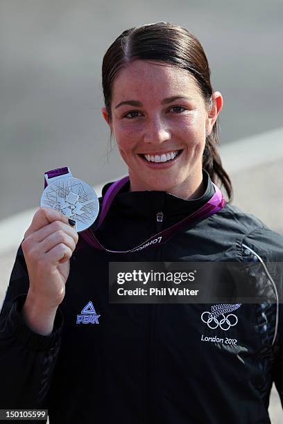 Silver medallist Sarah Walker of New Zealand celebrates during the medal ceremony for the Women's BMX Cycling Final on Day 14 of the London 2012...