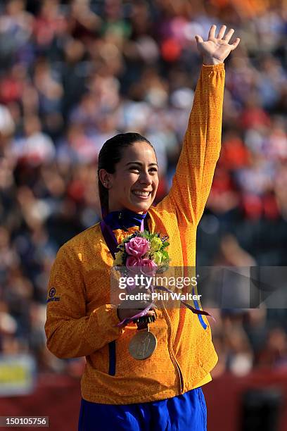 Gold medallist Mariana Pajon of Colombia celebrates during the medal ceremony for the Women's BMX Cycling Final on Day 14 of the London 2012 Olympic...