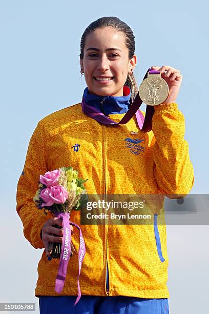 Gold medallist Mariana Pajon of Colombia celebrates during the medal ceremony for the Women's BMX Cycling Final on Day 14 of the London 2012 Olympic...