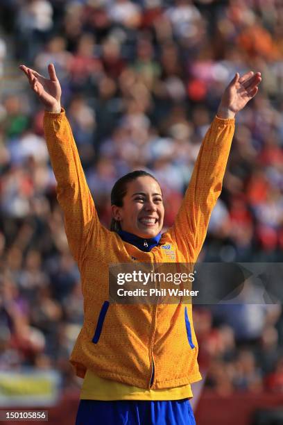 Gold medallist Mariana Pajon of Colombia celebrates during the medal ceremony for the Women's BMX Cycling Final on Day 14 of the London 2012 Olympic...