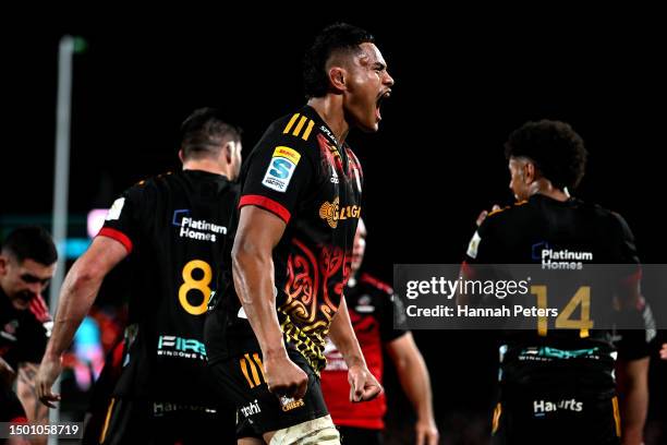 Tupou Vaa'i of the Chiefs reacts during the Super Rugby Pacific Final match between Chiefs and Crusaders at FMG Stadium Waikato, on June 24 in...