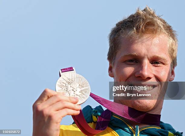 Silver medallist Sam Willoughby of Australia celebrates during the medal ceremony for the Men's BMX Cycling Final on Day 14 of the London 2012...