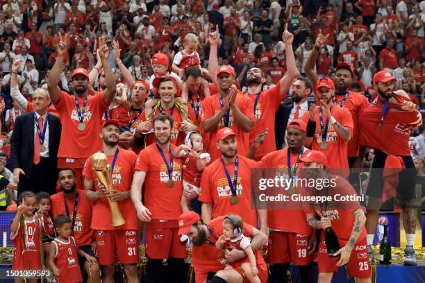 Nicolo' Melli of EA7 Emporio Armani Olimpia Milano and his team-mates celebrate with the Scudetto trophy during the award ceremony after the LBA Lega...