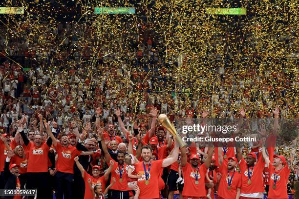 Nicolo' Melli of EA7 Emporio Armani Olimpia Milano and his team-mates celebrate with the Scudetto trophy during the award ceremony after the LBA Lega...