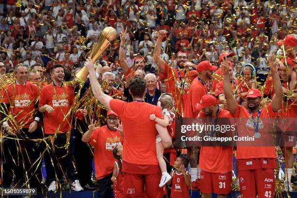 Nicolo' Melli of EA7 Emporio Armani Olimpia Milano and his team-mates celebrate with the Scudetto trophy during the award ceremony after the LBA Lega...