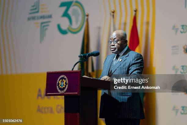 Nana Addo Dankwa Akufo-Addo President of The Republic of Ghana speaks at the African Export-Import Bank Annual Meeting on June 19, 2023 at the Accra...