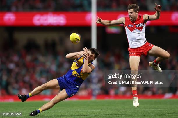 Noah Long of the Eagles is challenged by Jake Lloyd of the Swans during the round 15 AFL match between Sydney Swans and West Coast Eagles at Sydney...