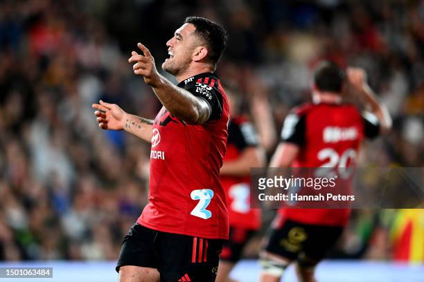 Codie Taylor of the Crusaders celebrates after winning the Super Rugby Pacific Final match between Chiefs and Crusaders at FMG Stadium Waikato, on...