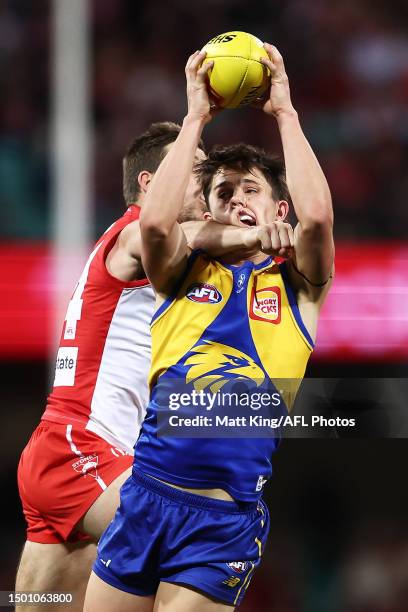 Noah Long of the Eagles is challenged by Jake Lloyd of the Swans during the round 15 AFL match between Sydney Swans and West Coast Eagles at Sydney...