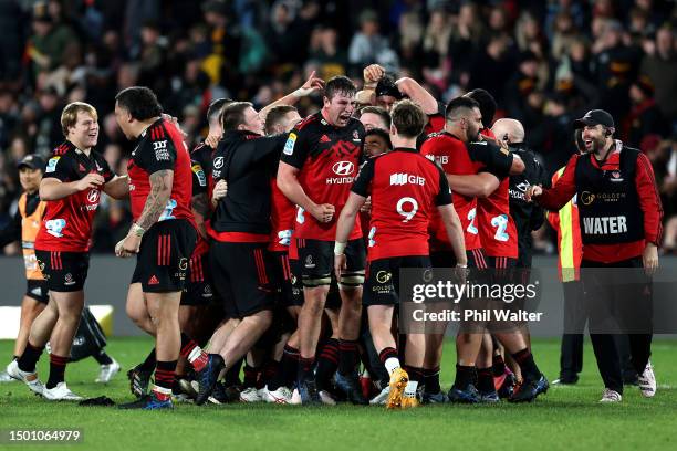 The Crusaders celebrate after winning the Super Rugby Pacific Final match between Chiefs and Crusaders at FMG Stadium Waikato, on June 24 in...