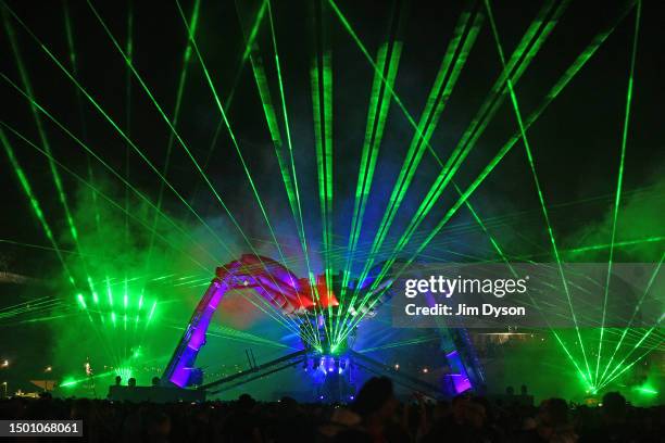 The Chemical Brothers perform at the Arcadia spider during day 3 of Glastonbury Festival 2023 Worthy Farm, Pilton on June 23, 2023 in Glastonbury,...