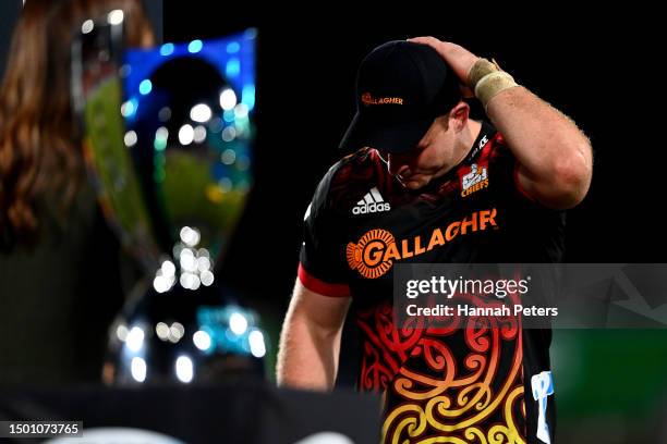 Dejected Sam Cane of the Chiefs walks on stage during the Super Rugby Pacific Final match between Chiefs and Crusaders at FMG Stadium Waikato, on...