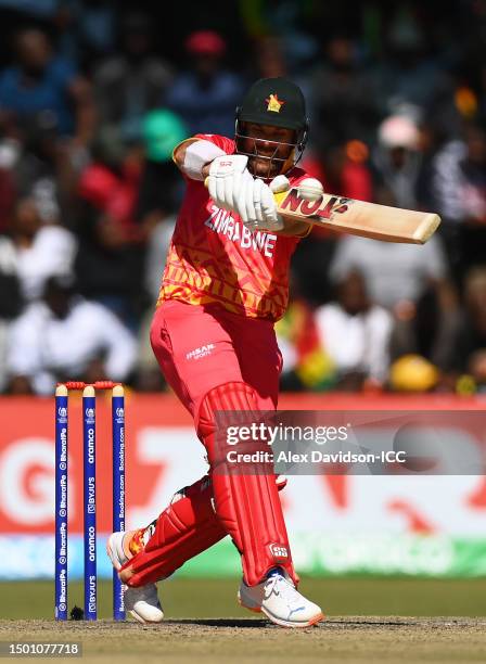 Ryan Burl of Zimbabwe plays a shot during the ICC Men's Cricket World Cup Qualifier Zimbabwe 2023 match between Zimbabwe and West Indies at Harare...