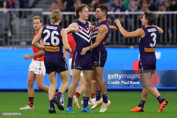 Matthew Johnson of the Dockers celebrates a goal during the round 15 AFL match between Fremantle Dockers and Essendon Bombers at Optus Stadium, on...