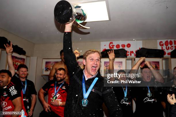Coach Scott Robertson of the Crusaders celebrates in the changing room after winning the Super Rugby Pacific Final match between Chiefs and Crusaders...