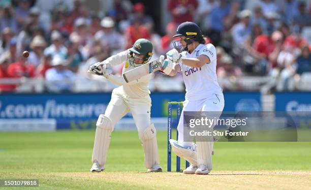 Australia wicketkeeper Alyssa Healy looks on as England batter Natalie Sciver-Brunt hits out during day three of the LV= Insurance Women's Ashes Test...