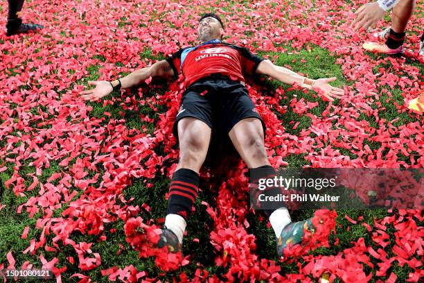 Richie Mo'unga of the Crusaders celebrates after winning the Super Rugby Pacific Final match between Chiefs and Crusaders at FMG Stadium Waikato, on...