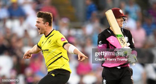 Josh Shaw of Gloucestershire celebrates the wicket of Tom Banton of Somerset during the Vitality Blast T20 match between Somerset and Gloucestershire...
