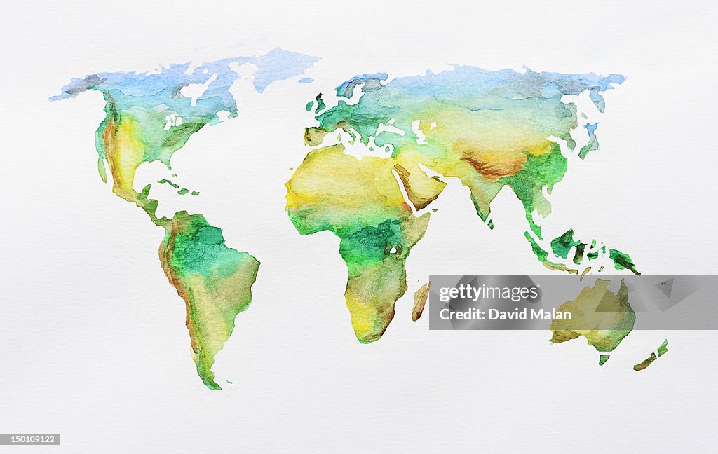 Watercolour world map showing physical features