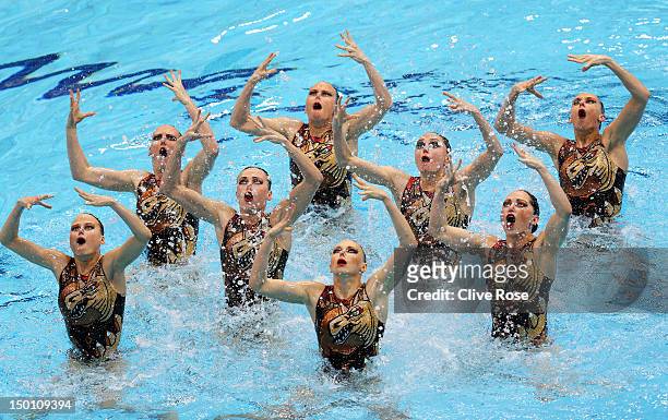 Russia competes in the Women's Teams Synchronised Swimming Free Routine final on Day 14 of the London 2012 Olympic Games at the Aquatics Centre on...