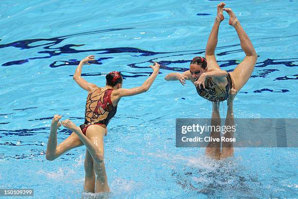 Russia competes in the Women's Teams Synchronised Swimming Free Routine final on Day 14 of the London 2012 Olympic Games at the Aquatics Centre on...