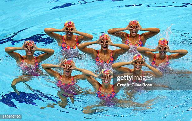 Canada competes in the Women's Teams Synchronised Swimming Free Routine final on Day 14 of the London 2012 Olympic Games at the Aquatics Centre on...