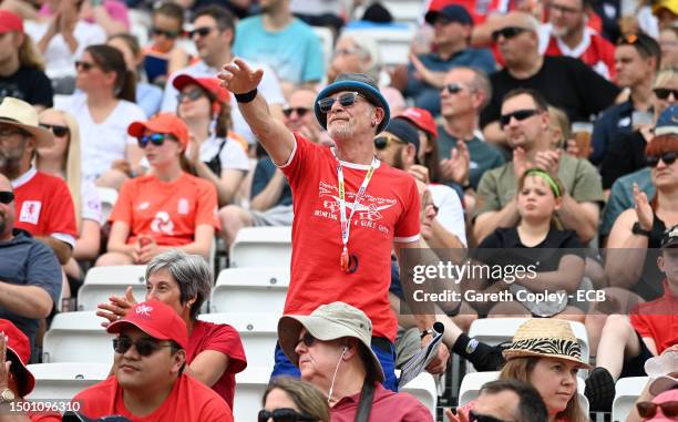 Spectators watch on from the crowd during day three of the LV= Insurance Women's Ashes Test match between England and Australia at Trent Bridge on...