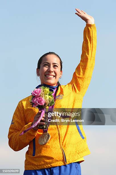 Gold medallist Mariana Pajon of Colombia celebrates during the medal ceremony for the Women's BMX Cycling Final on Day 14 of the London 2012 Olympic...