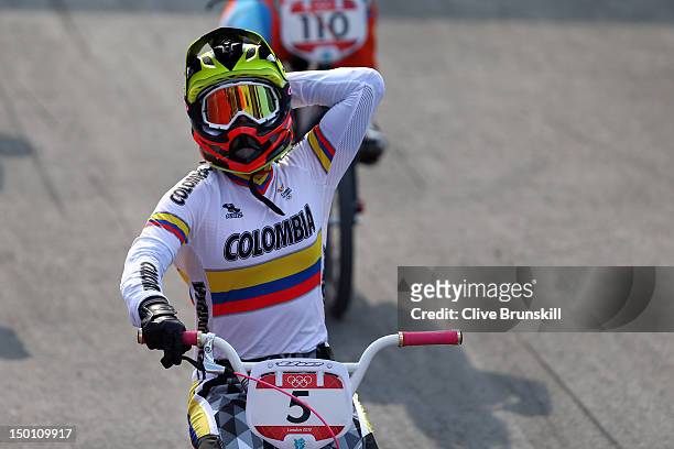 Mariana Pajon of Colombia celebrates winning the Gold medal in the Women's BMX Cycling Final on Day 14 of the London 2012 Olympic Games at the BMX...