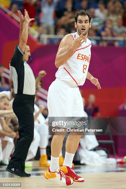 Jose Calderon of Spain reacts against Russia during the Men's Basketball semifinal match on Day 14 of the London 2012 Olympic Games at the North...