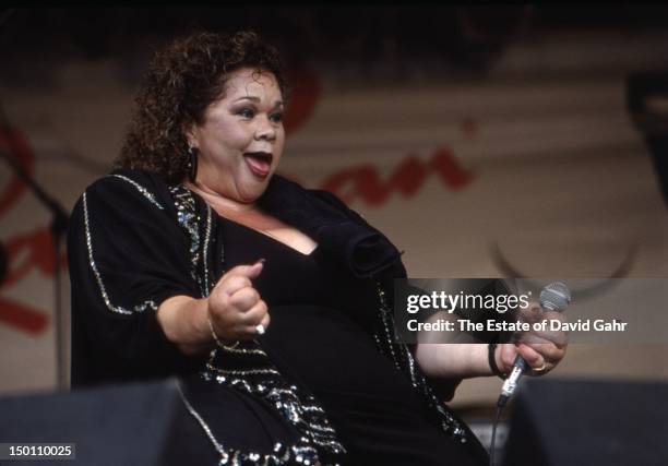 Rhythm and blues singer Etta James performs at the New Orleans Jazz and Heritage Festival in April, 1994 in New Orleans, Louisiana.