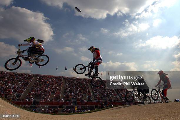 Mariana Pajon of Colombia passes over a jump in the Women's BMX Cycling Final on Day 14 of the London 2012 Olympic Games at the BMX Track on August...