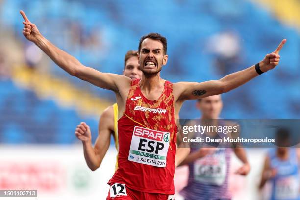 Daniel Arce of Team Spain celebrates as he crosses the line in the Men's 3000m Steeplechase - Division 1 in the 2023 European Team Championships...