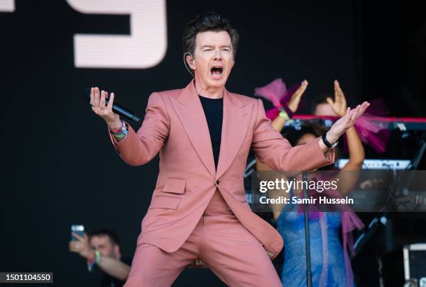 Rick Astley performs on the Pyramid Stage at Day 4 of Glastonbury Festival 2023 on June 24, 2023 in Somerset, United Kingdom.