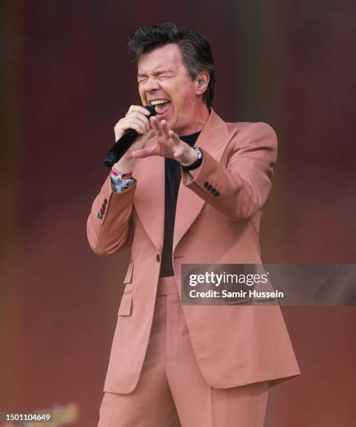 Rick Astley performs on the Pyramid Stage at Day 4 of Glastonbury Festival 2023 on June 24, 2023 in Somerset, United Kingdom.