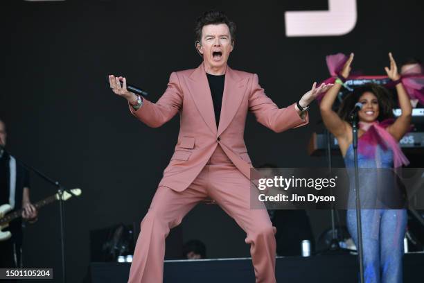 Rick Astley performs on the Pyramid stage during day 4 of Glastonbury Festival 2023 Worthy Farm, Pilton on June 24, 2023 in Glastonbury, England.