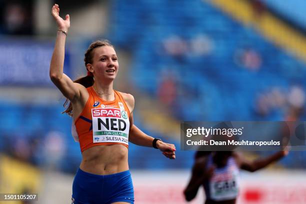 First placed, Femke Bol of Netherlands celebrates winning the Women's 400m heat A in the 2023 European Team Championships during day four of the...