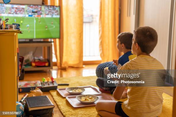 we love sports - boy at television stockfoto's en -beelden
